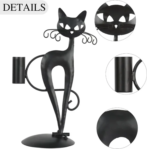 Vista 7 de Candelabro cónico de gato negro para velas LED sin llama, candelabro retro rústico de metal para decoración de gato para centro de mesa, mesa