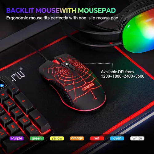 Vista 5 de Juego de teclado para juegos, mouse y mouse con micrófono, todo en uno, USB con cable RGB, retroiluminado, arco iris, botón lateral, compatible