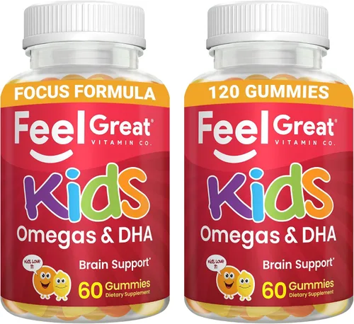 Vista 12 de Gomas DHA de Omega para niños de Feel Great Vitamins con Omega 3 6 9, Vitamina C Apoya la función cerebral saludable, la visión y la salud