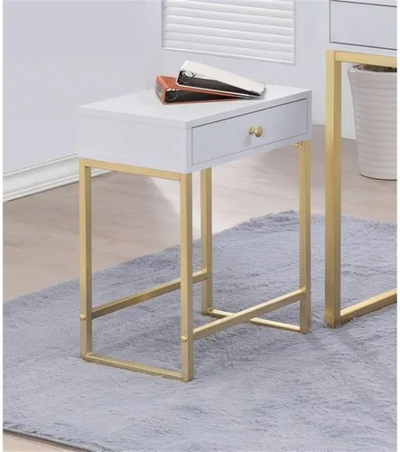 Vista 2 de Acme Mesa auxiliar rectangular de 16 pulgadas con 1 cajón de almacenamiento para sala de estar, dormitorio, oficina, madera y metal, fácil montaje