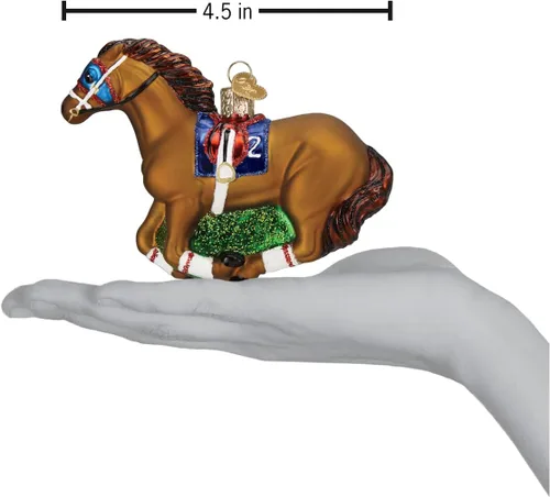Vista 4 de Old World Christmas Adorno de cristal soplado de caballo de carreras para árbol de Navidad, decoración navideña artesanal, colección de caballos