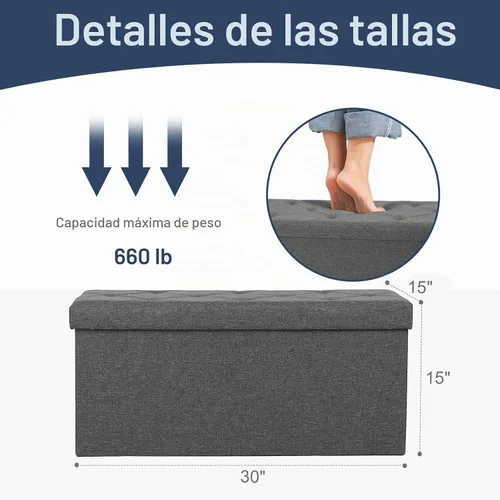 Vista 3 de DUMOS 30 Inch Foldable Storage Ottoman Bench, Gray Ottoman with Storage Grey