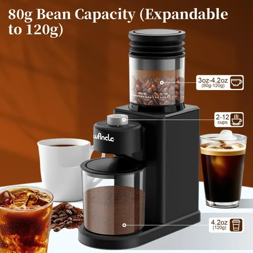 Vista 4 de Wancle Molinillo de café cónico eléctrico – Molinillo de café automático compacto de 200 W con 25 ajustes ajustables, molinillo de café expreso