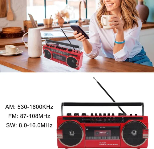 Vista 2 de Tangxi Boombox reproductor de casete retro, reproductor de cassette radio AM/FM/SW, conversión USB MP3, altavoces estéreo integrados, para viajes