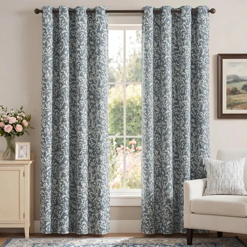 Vista 2 de jinchan Cortinas opacas para dormitorio, cortinas azules con estampado floral de volutas de 84 pulgadas de largo para sala de estar, cortinas