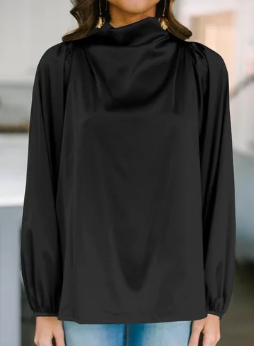 Vista 4 de LOLONG Blusas de seda de manga larga con cuello alto y cuello alto para mujer