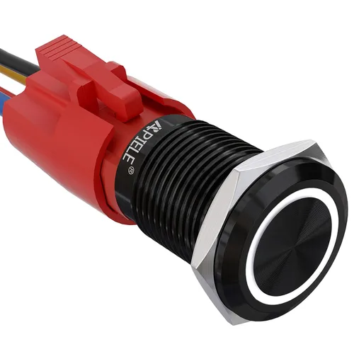Vista 15 de APIELE - Interruptor de botón de cierre de 16mm, 12V, ojo de ángel LED, impermeable, redondo, autobloqueante, 1NO (aluminio negro, azul)