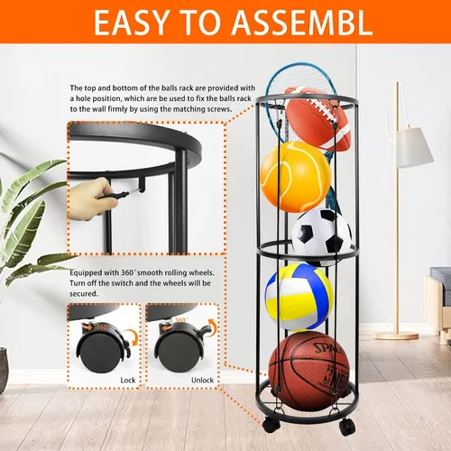 Vista 5 de Garage Ball Storage Rack, Wall-Mounted Basketball Holder, Vertical Ball Rack for Soccer Volleyball Football Basketball, Space-Saving Sports Ball
