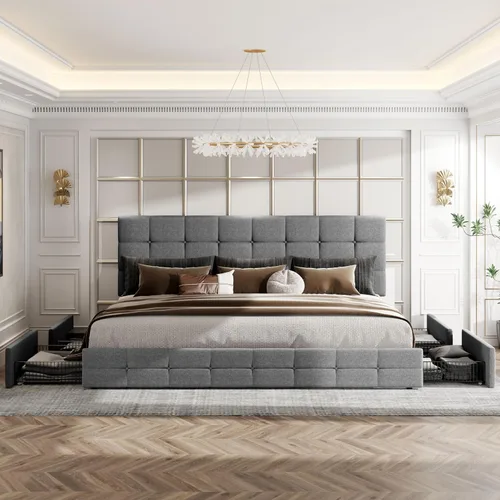 Vista 4 de HOOMIC Base de cama de plataforma tamaño King con 4 cajones de almacenamiento, cabecera ajustable con diseño de botones cosidos cuadrados, listones