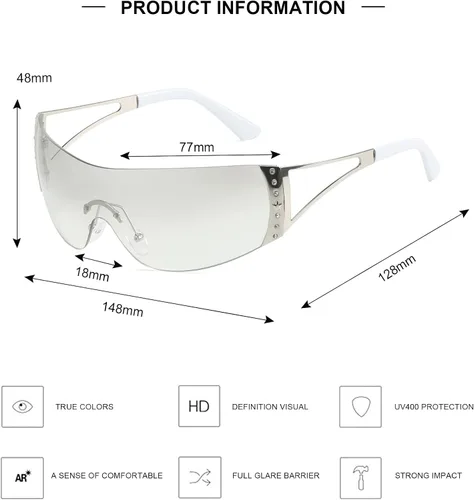 Vista 6 de SORVINO Lentes de sol Y2K sin montura para mujeres y hombres, diseño de escudo futurista de moda, de gran tamaño de los años 2000, con estrellas