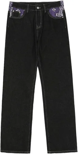 Vista 7 de American Vintage - Pantalones de mezclilla para hombre, estilo gótico, con estampado de letras en contraste, holgados, de pierna ancha, casuales