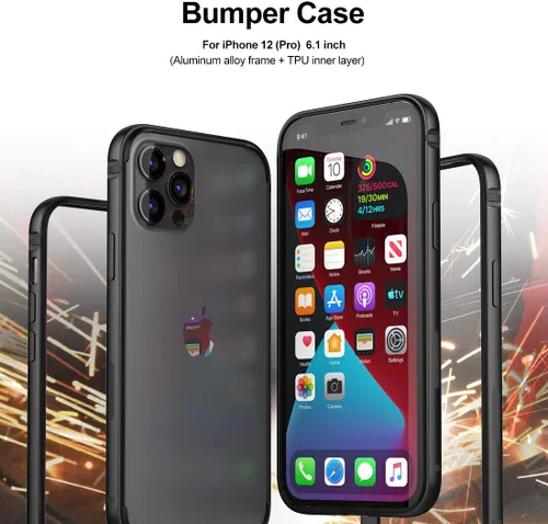 Vista 2 de Funda delgada de metal compatible con iPhone 12 12 Pro, funda de parachoques de metal con interior de TPU suave [sin interferencia de señal] Negro