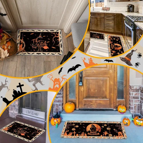 Vista 6 de Timgle 2 alfombras de Halloween con diseño de calabaza y esqueleto, diseño de bruja, para cocina y baño, decoración gótica para Halloween, hogar