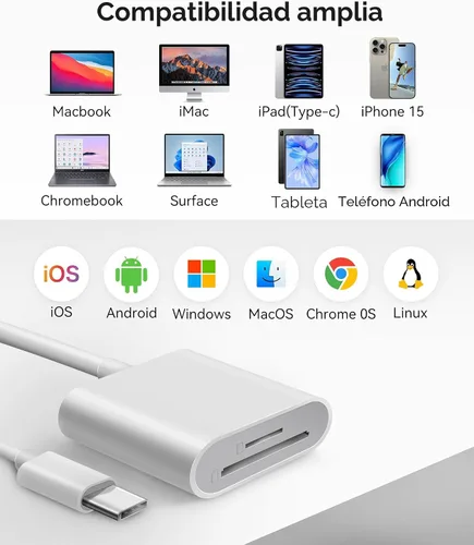 Vista 7 de Lector de Tarjetas SD USB C, WNXSLOAD Adaptador de Tarjetas SD con Ranuras Duales SD MicroSD para iPhone 15 16 iPad Mac MacBook Laptop, Lector