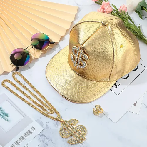 Vista 4 de MTLEE Kit de disfraz de hip hop de los años 80 y 90, accesorios de rapero de Halloween, collar, signo de dólar, anillo de dólar, sombrero