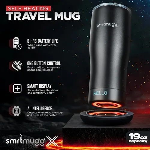 Vista 3 de SMRTMUGG X Taza de café calentada de 19 oz., duración de batería de 8 horas, autocalentamiento, temperatura controlada ajustable, pantalla LCD