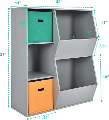 Vista 12 de HONEY JOY Organizador de almacenamiento de juguetes para niños con 5 cubículos, estantería y estantería para niños con 2 cajas de almacenamiento
