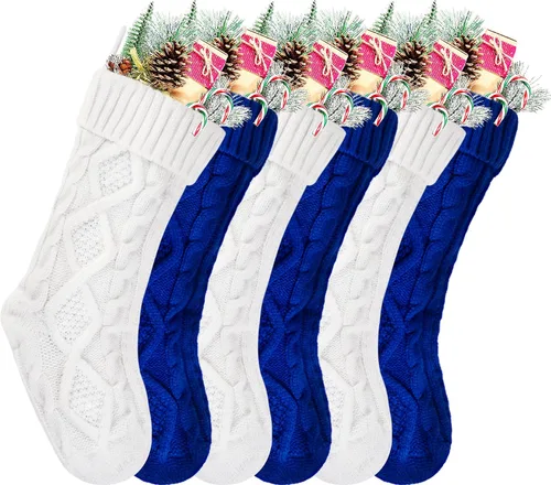 Vista 19 de Medias de Navidad a granel, medias de punto trenzado azul de 18 pulgadas para decoración navideña de vacaciones, paquete de 6