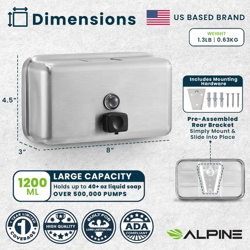 Vista 8 de Alpine Dispenser de jabón líquido manual, amurado, de acero inoxidable, 40 onzas de capacidad., Acero inoxidable, 1