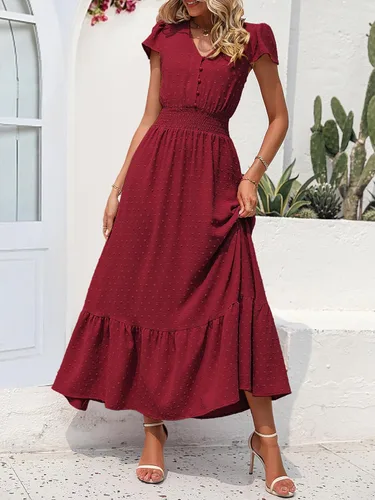 Vista 2 de PRETTYGARDEN Vestido de cóctel largo de manga corta con cuello en V para mujer, diseño de lunares suizos con volantes y escalonado