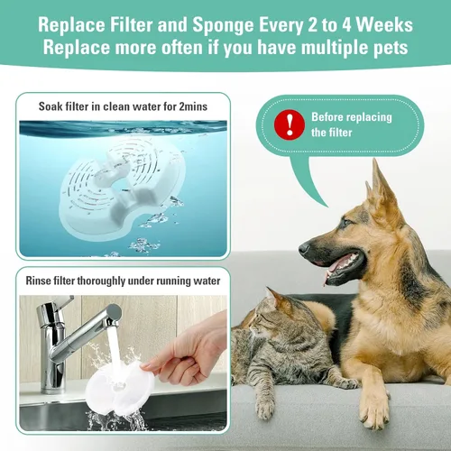 Vista 6 de Paquete de 4 filtros de repuesto y esponjas de bomba para dispensador de agua colorido para gatos de 67 oz/2 litros con luz LED, filtro de fuente