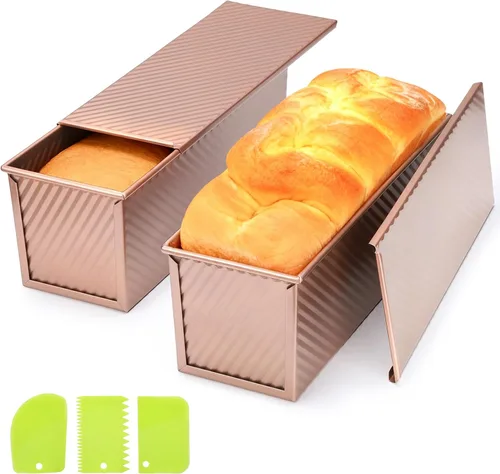 Vista 13 de Beasea Pullman - Molde para pan con tapa, paquete de 2 moldes pequeños antiadherentes para pan de 0.5 lb, acero al carbono, mini caja para pan Negro
