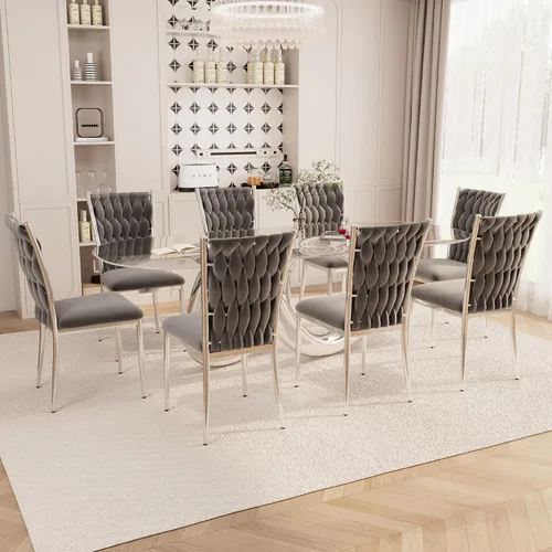 Vista 24 de Juego de 2 sillas de comedor de terciopelo, modernas sillas de cocina tejidas con patas de metal dorado, cojín tapizado con respaldo alto