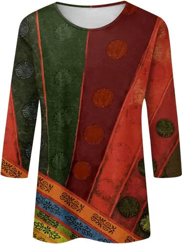 Vista 4 de Sudadera de manga 34 con estampado étnico para mujer, casual, ajuste holgado, cuello redondo