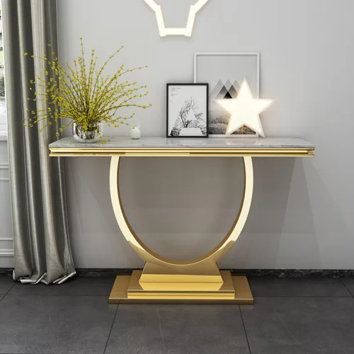 Vista 13 de Mesa de centro de lujo de mármol sintético con base en U de Mármol A-blanco oro15