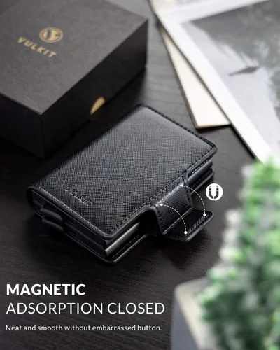 Vista 5 de VULKIT Tarjetero de cuero con bloqueo RFID, billetera desplegable automática con bloqueo RFID, cartera magnética para tarjetas doble para hombres