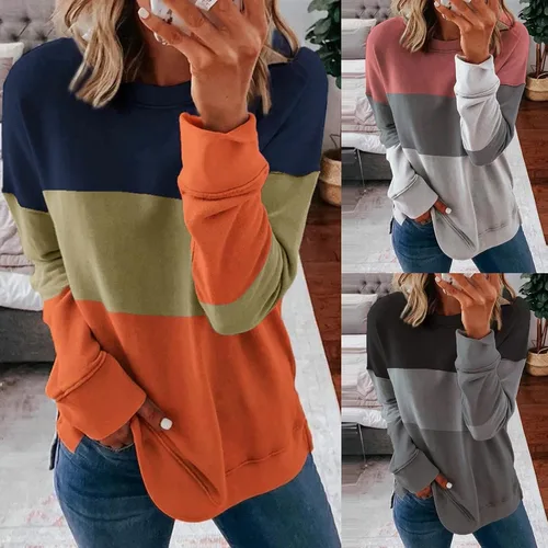 Vista 6 de Handyulong Sudaderas para mujer, sudadera casual de manga larga con cuello redondo y estampado a rayas