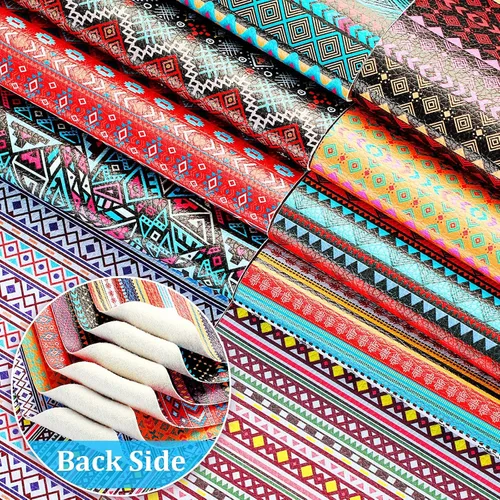 Vista 3 de Weewooday 16 hojas de piel sintética a cuadros a rayas, estilo bohemio, vintage, estilo bohemio, hojas de tela de cuero, geometría sintética