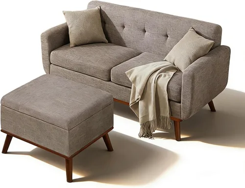 Vista 3 de Kingfun Juegos de muebles de sala de estar, estándar y otomano, sofás de decoración moderna de mediados de siglo, muebles tapizados con botones Beige