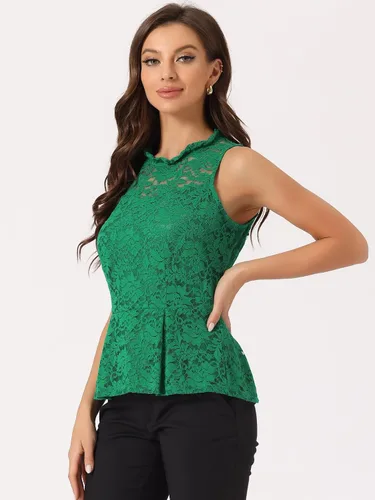 Vista 2 de Allegra K Top peplum sin mangas con encaje floral y cuello con abertura en la espalda para mujer