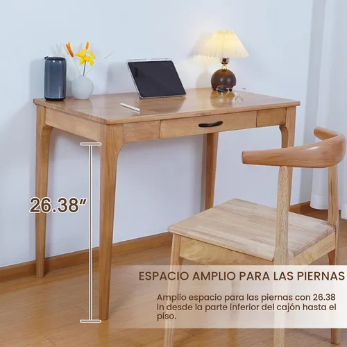 Vista 6 de Escritorio de madera maciza con cajones, escritorio de computadora de madera para oficina en casa, escritorio de estudio de juegos para espacios