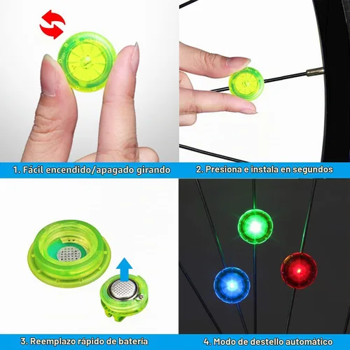 Vista 4 de Luces de rueda de bicicleta, luces de radios de bicicleta con baterías incluidas, luces de rueda de bicicleta impermeables para ciclismo seguro