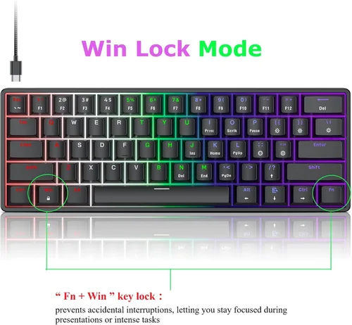 Vista 5 de TECURS Teclado mecánico compacto 60% para MacWindowsPC, ideal para oficina y juegos, teclado con cable retroiluminado RGB de 61 teclas
