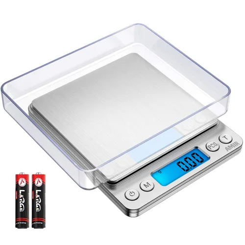 Vista 10 de AMIR - Báscula digital de cocina, 17.64 oz, báscula de bolsillo para joyas, báscula de cocina con pantalla LCD retroiluminada, 2 bandejas, 6