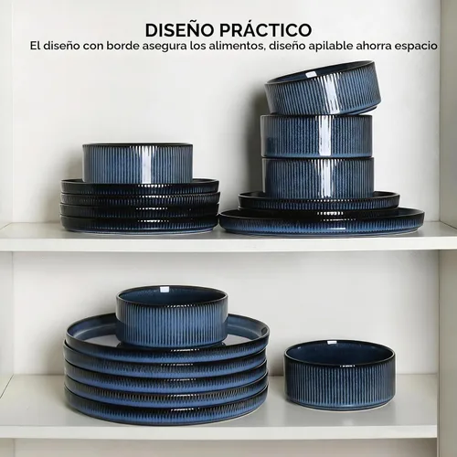 Vista 7 de Stoneware Dinnerware Sets for 4, 12Pcs Plates and Bowls Set, Midnight Blue
