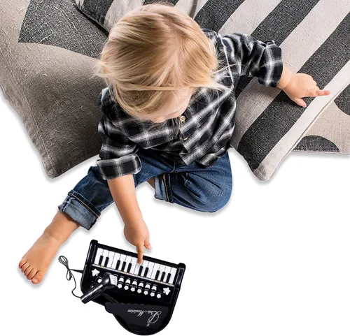 Vista 4 de Piano de juguete de 24 teclas para niños, instrumento musical elctrónico educativo con micrófono Negro