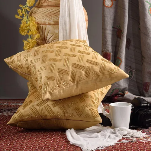 Vista 2 de Almohada amarilla con cuentas a mano para sofá, funda de almohada decorativa única, paquete de 2 fundas de almohada amarillas, funda de almohada