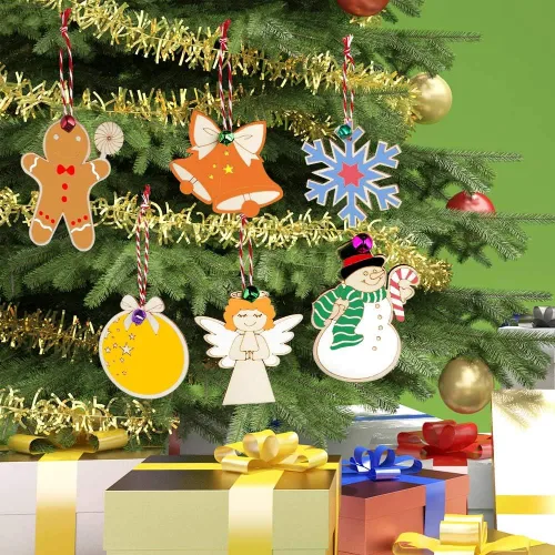 Vista 7 de OurWarm 48 adornos de Navidad de madera, 6 estilos de adornos de rebanadas de madera sin terminar, juego de adornos de Navidad con campanas