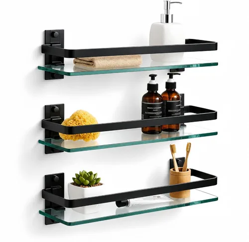 Vista 9 de AIJALY Paquete de 2 estantes de vidrio para baño, 15.7 pulgadas, estante de vidrio negro para ducha de baño, montado en la pared, estante de cocina