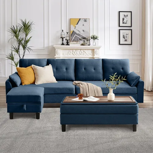 Vista 9 de Sofá en forma de L de 102 pulgadas, sofá con mesa auxiliar otomana, sofá moderno de 4 asientos con funda extraíble para apartamento y sala de estar