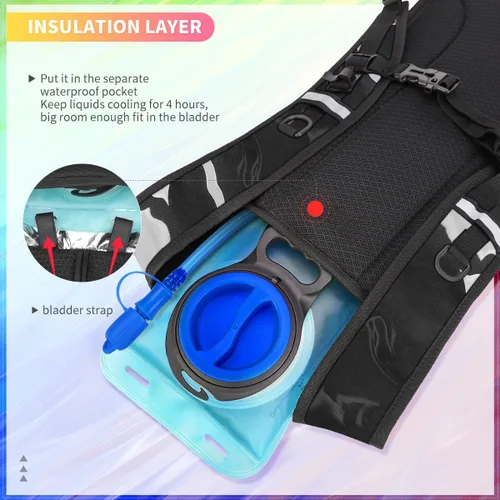 Vista 5 de Mochila de hidratación, mochila de agua con cámara de 2L, mochila de hidratación para raves, esencial para festivales, senderismo, ciclismo