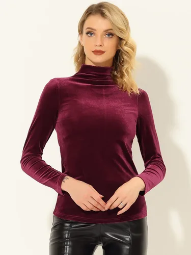Vista 2 de Allegra K Blusa básica de terciopelo de cuello alto para mujer, de manga larga, de terciopelo básico