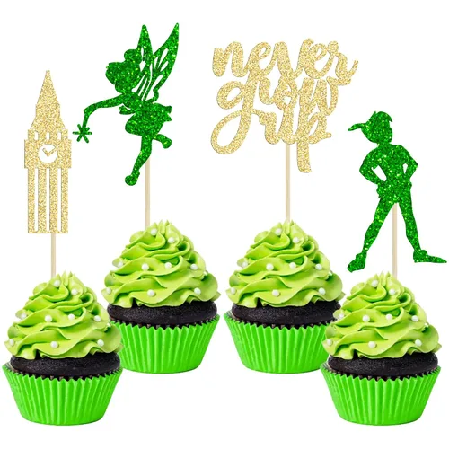 Vista 14 de Gyufise Paquete de 24 adornos para cupcakes con purpurina negra que nunca crecen para cupcakes en P Pan para baby shower Never Grow Up