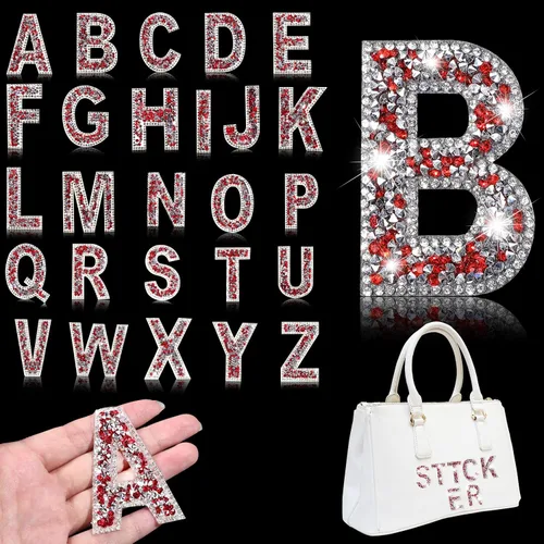 Vista 14 de Yinder 26 piezas de pegatinas de letras con purpurina y diamantes de imitación, diamantes de imitación para planchar, letras autoadhesivas A-Z Negro