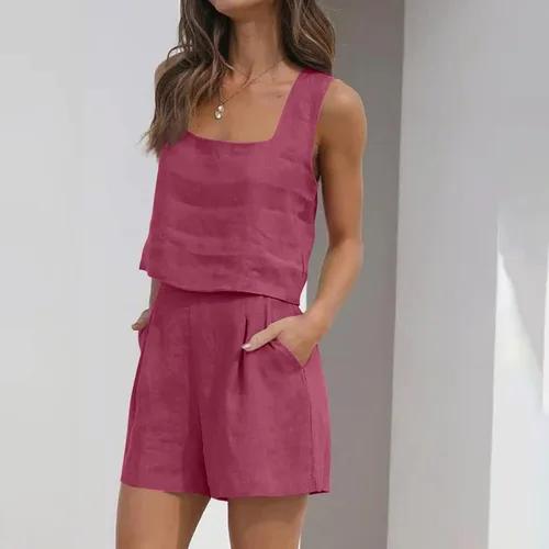 Vista 4 de ZDRZK Short Sets Women 2 Piece Outfits Vacation Linen Sleeveless Tank Crop Top High Waist Shorts Matching Lounge Tracksuit