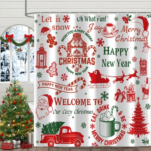 Vista 12 de Cortina de ducha de Feliz Navidad, trineo de Papá Noel, reno, copo de nieve, vacaciones, cuadros rojos y verdes, juego de cortinas de ducha